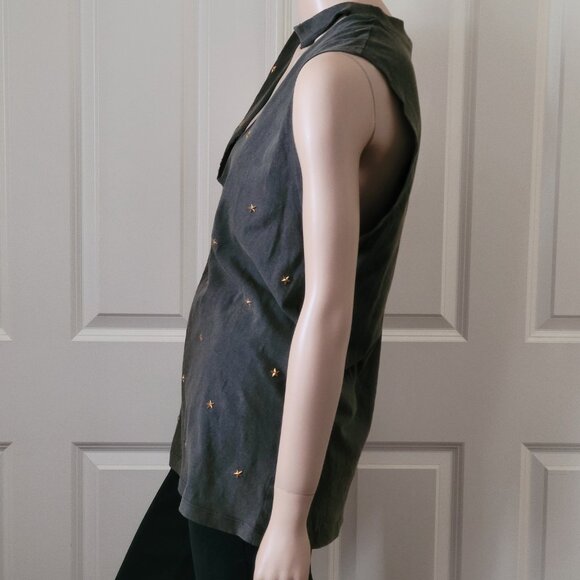 Forever 21 Star Studded Cutout Sleeveless T-Shirt Tank Top SZ S Khaki Green - Picture 2 of 8